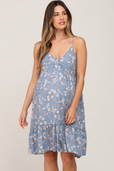 Blue Floral V-Neck Ruffle Hem Maternity Dress