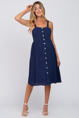 Navy Button Front Maternity Midi Dress