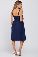 Navy Button Front Maternity Midi Dress