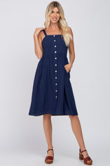 Navy Button Front Maternity Midi Dress