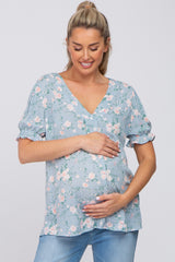 Blue Floral Polka Dot Pleated Front Bubble Sleeve Maternity Top