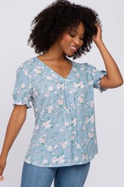 Blue Floral Polka Dot Pleated Front Bubble Sleeve Top