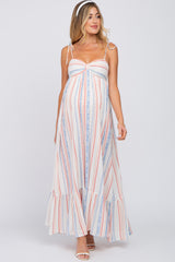 Ivory Printed Shoulder Tie Maternity Maxi Dress