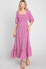 Fuchsia Floral Smocked Maternity Maxi Dress