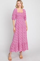 Fuchsia Floral Smocked Maxi Dress