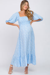 Blue Floral Smocked Maternity Maxi Dress