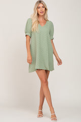 Light Olive Textured Dot V-Neck Puff Sleeve Mini Dress