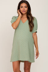 Light Olive Textured Dot V-Neck Puff Sleeve Maternity Mini Dress