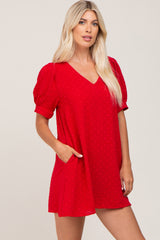 Red Textured Dot V-Neck Puff Sleeve Mini Dress