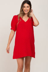 Red Textured Dot V-Neck Puff Sleeve Maternity Mini Dress