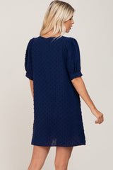 Navy Blue Textured Dot V-Neck Puff Sleeve Mini Dress