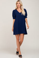 Navy Blue Textured Dot V-Neck Puff Sleeve Mini Dress