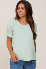 Mint Green Smocked Puff Sleeve Maternity Blouse