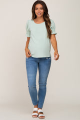 Mint Green Smocked Puff Sleeve Maternity Blouse