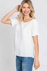 White Smocked Puff Sleeve Blouse