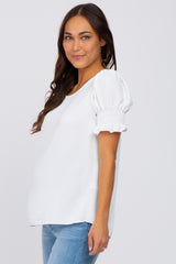 White Smocked Puff Sleeve Maternity Blouse