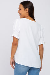 White Smocked Puff Sleeve Maternity Blouse