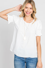 White Smocked Puff Sleeve Maternity Blouse