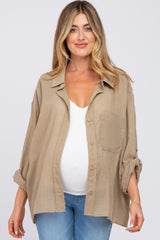 Mocha Rolled Cuff Maternity Button Down Blouse