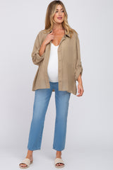 Mocha Rolled Cuff Maternity Button Down Blouse