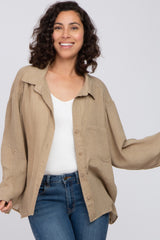 Mocha Rolled Cuff Maternity Button Down Blouse