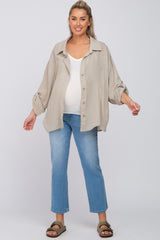 Beige Rolled Cuff Maternity Button Down Blouse