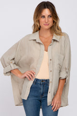 Beige Rolled Cuff Maternity Button Down Blouse