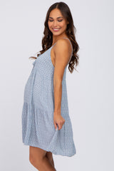 Blue Printed Front Tie Maternity Dress