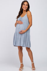 Blue Printed Front Tie Maternity Dress