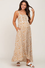 Yellow Floral Button Accent Maternity Maxi Dress