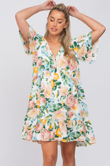 Ivory Floral V-Neck Ruffle Hem Maternity Dress