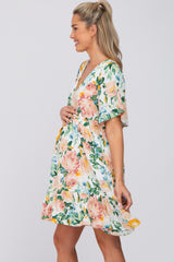 Ivory Floral V-Neck Ruffle Hem Maternity Dress