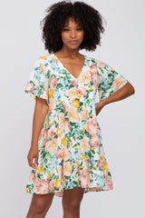 Ivory Floral V-Neck Ruffle Hem Dress