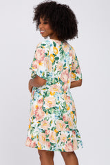 Ivory Floral V-Neck Ruffle Hem Dress