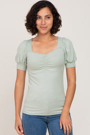 Mint Green Ribbed Sweetheart Neck Short Puff Sleeve Top