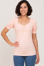 Peach Ribbed Sweetheart Neck Short Puff Sleeve Top