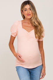 Peach Ribbed Sweetheart Neck Short Puff Sleeve Maternity Top