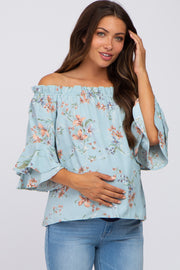 Light Blue Floral Off Shoulder Maternity Blouse