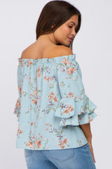 Light Blue Floral Off Shoulder Maternity Blouse