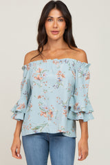 Light Blue Floral Off Shoulder Maternity Blouse