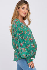 Green Floral V-Neck Smocked Sleeve Maternity Blouse