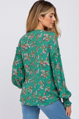 Green Floral V-Neck Smocked Sleeve Maternity Blouse