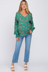 Green Floral V-Neck Smocked Sleeve Maternity Blouse