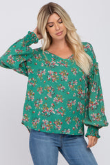 Green Floral V-Neck Smocked Sleeve Maternity Blouse