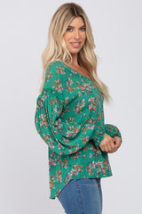 Green Floral V-Neck Smocked Sleeve Blouse