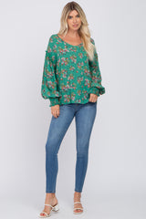 Green Floral V-Neck Smocked Sleeve Blouse