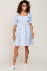 Blue Striped Smocked Puff Sleeve Dress