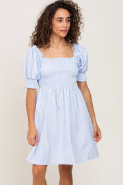 Blue Striped Smocked Puff Sleeve Dress