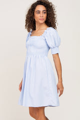 Blue Striped Smocked Puff Sleeve Dress