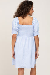 Blue Striped Smocked Puff Sleeve Dress